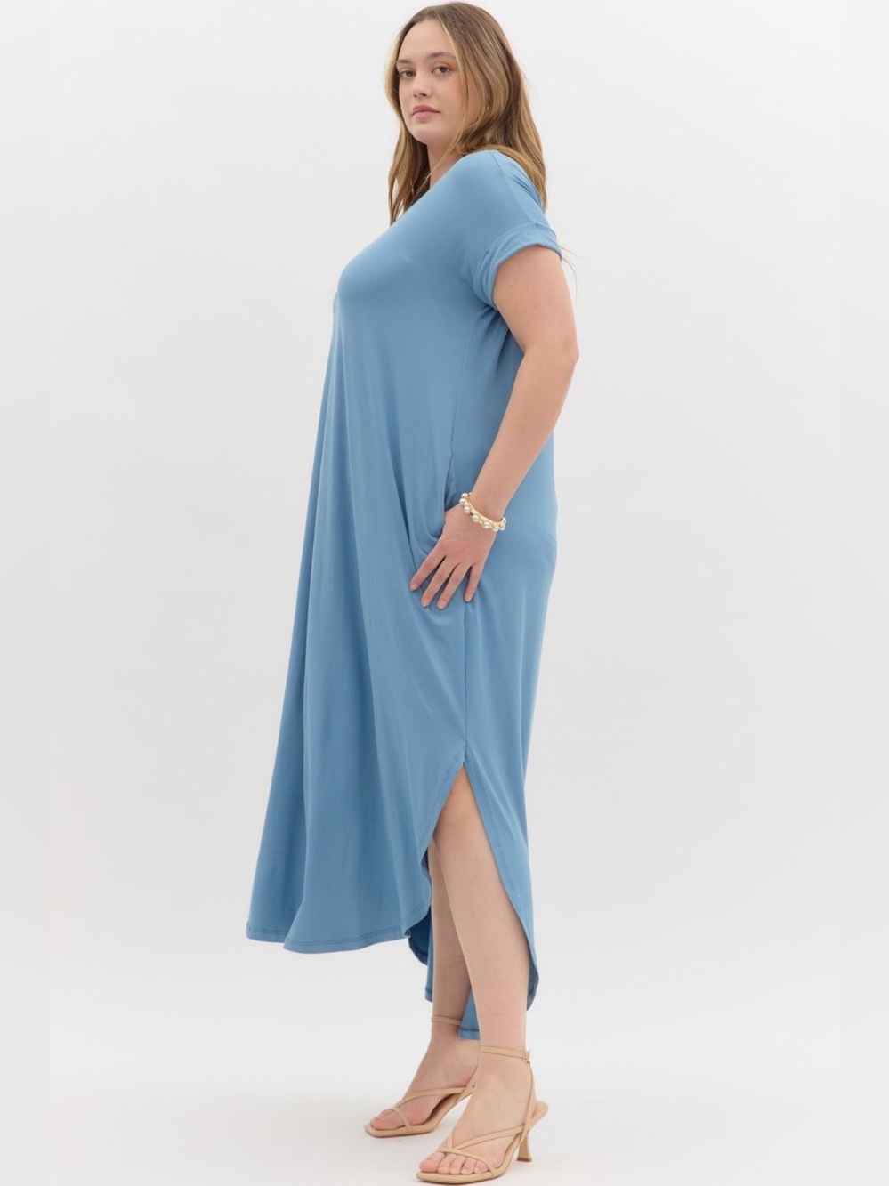 🆕 Entro Solid jersey knit V-neck round hem maxi dress - Picture 3 of 7